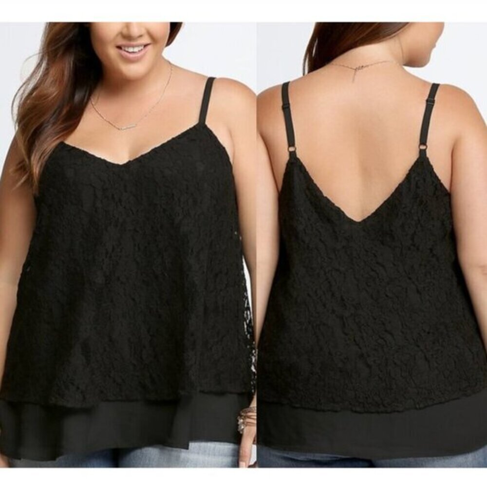 TORRID 2 Plus Size Lace Double Layer Tank Black Chiffon Sleeveless V-Neck Blouse